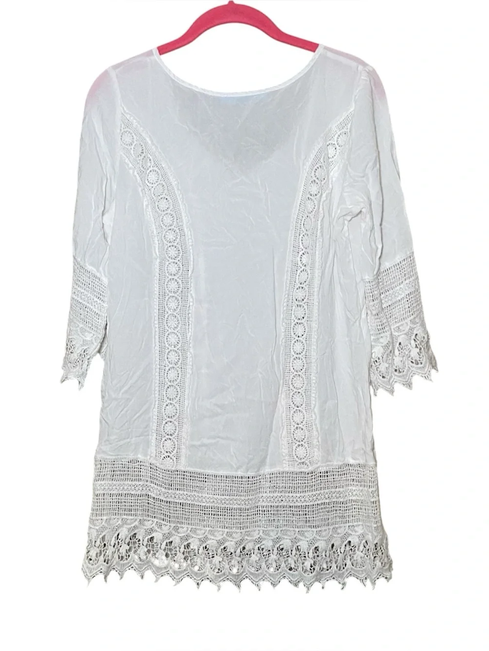Solitaire Swim Lace Trimmed Swim Cover-Up 3/4 Sleeve Tie -Neck White M